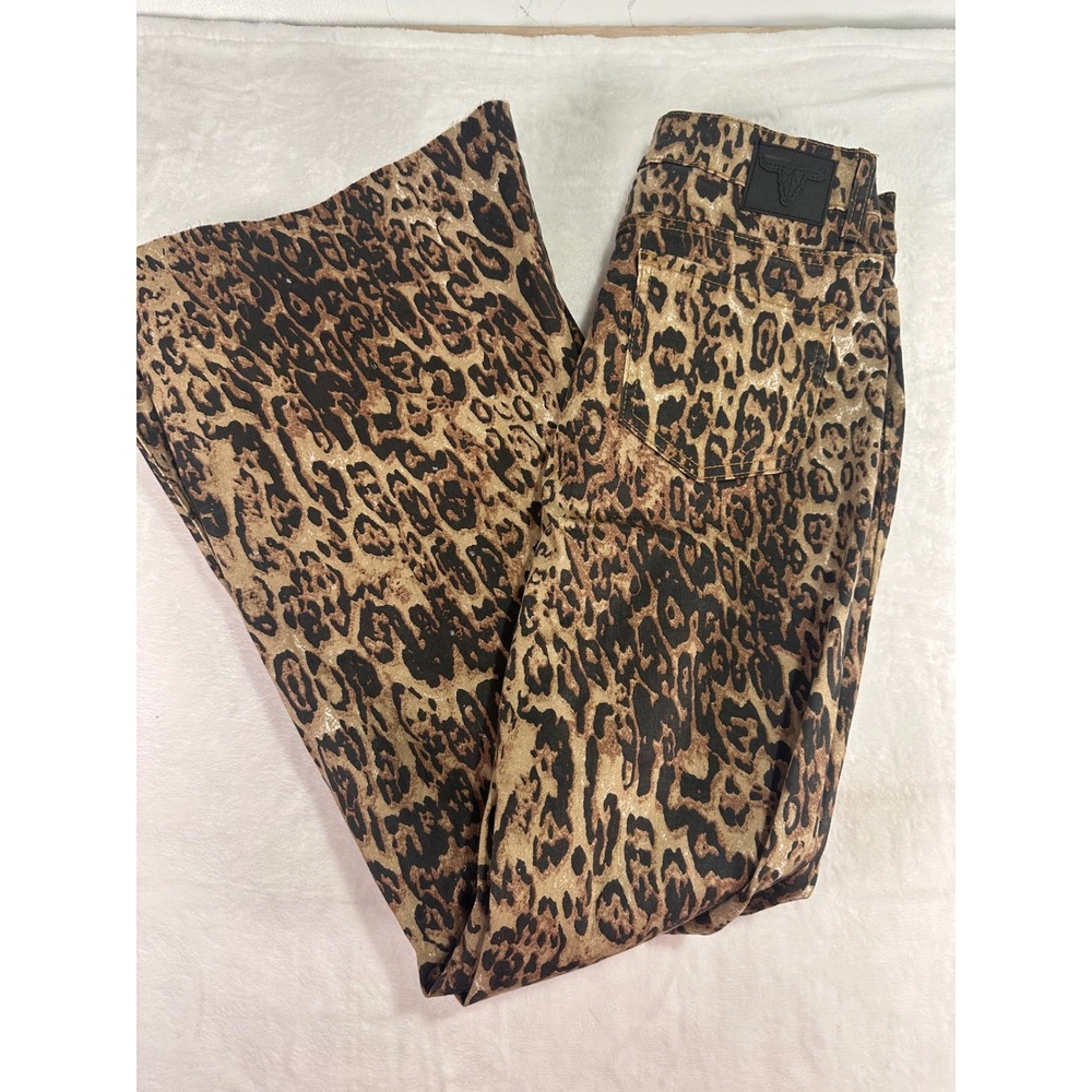 Lucky & Blessed Leopard cheetah High Rise Flare Pants 4 Brown Western Womens